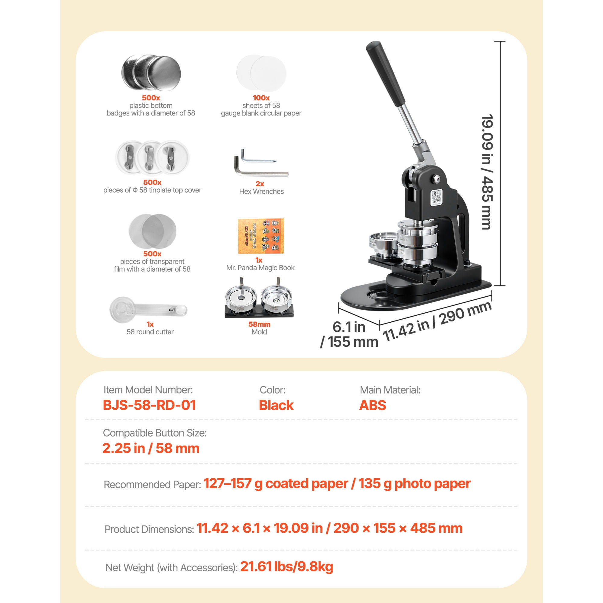 KFFKFF Button Maker Machine, 2.25 in, Badge Maker with 500pcs Button Supplies, Circle Cutter, Hex Tools, and Instruction Manual, Comfortable Grip, Ideal for Custom Badges, Pins, and Keychains, Black