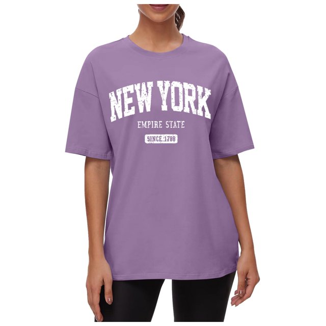 Camiseta estampada de cuello redondo y hombros caídos para mujer: camiseta informal con diseño gráfico, diseño de transferencia térmica, fácil de combinar con vaqueros
