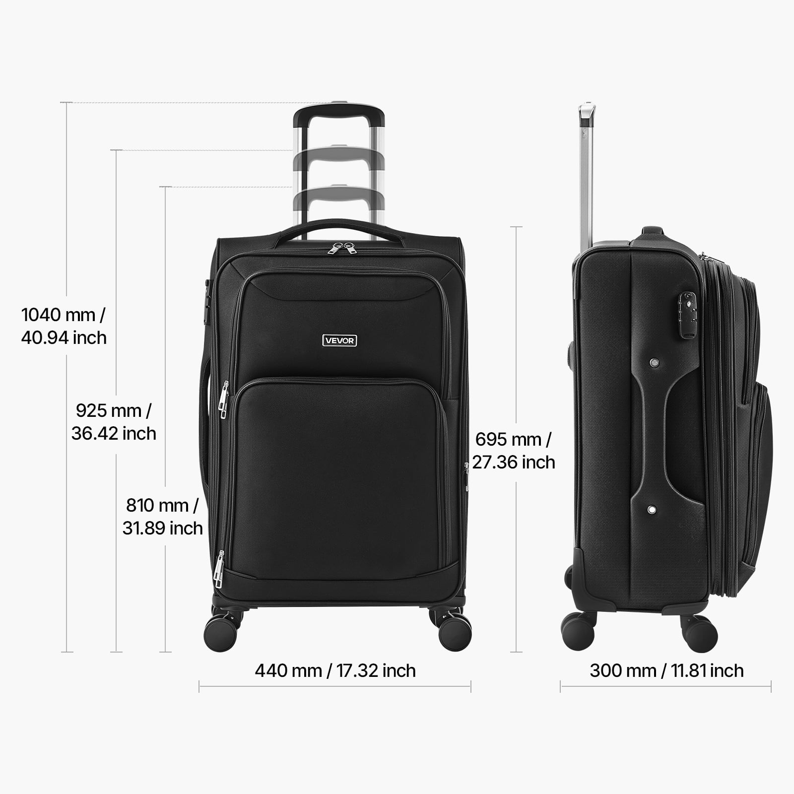 VEVOR Softside Expandable Luggage with Spinner Wheels, 24-Inch Softside Checked Medium Luggage, Lightweight Checked Suitcase with Expandable Zippered Pocket and TSA Lock, Black
