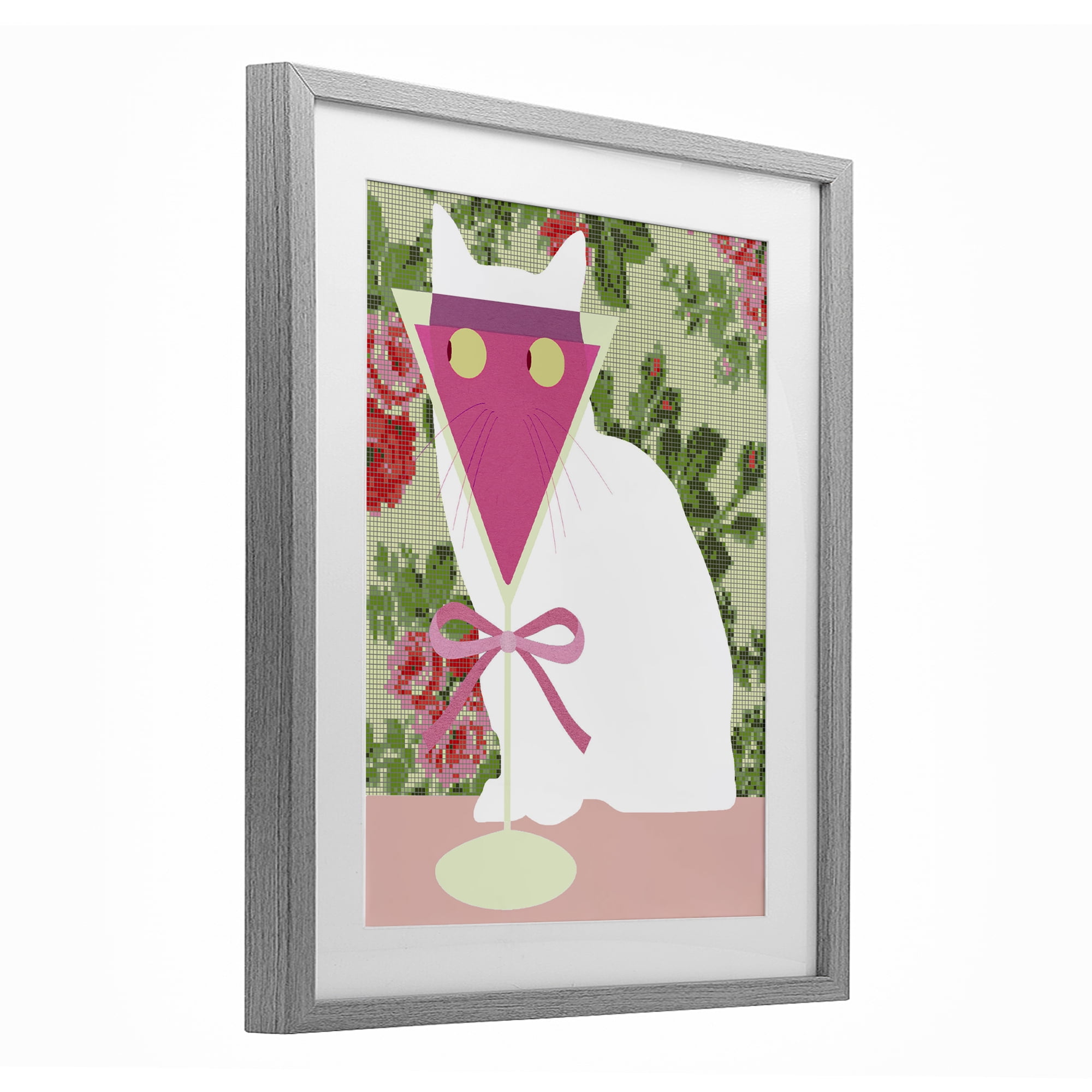 Stupell Industries White Cat with Pink Martini Gray Framed Print Under Glass, design by Lil' Rue
