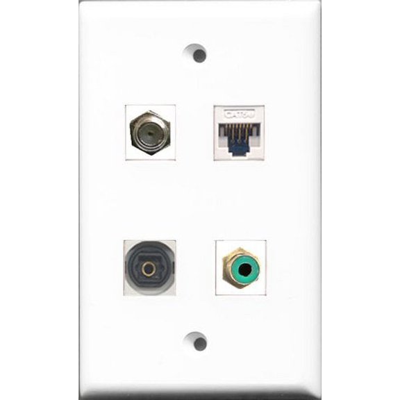 RiteAV 1 Port RCA Green and 1 Port Coax Cable TV- F-Type and 1 Port Toslink and 1 Port Cat5e Ethernet White Wall Plate