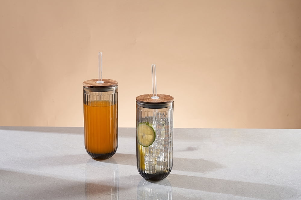 Better Homes & Gardens 20 oz Ribbed Smoke Glass Sipper with Acacia Wood Lid and Borosilicate Glass Straw