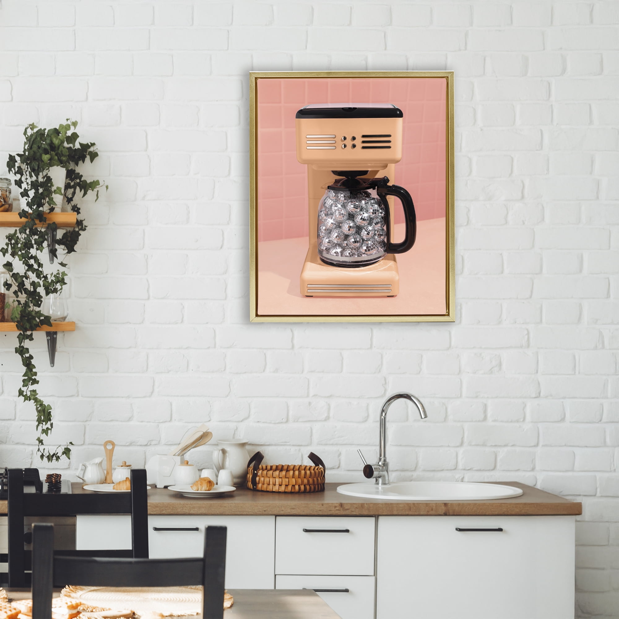 Stupell Industries Disco Coffee Maker over Orange Gold Framed Floater Canvas Wall Art, design by LISH Creative
