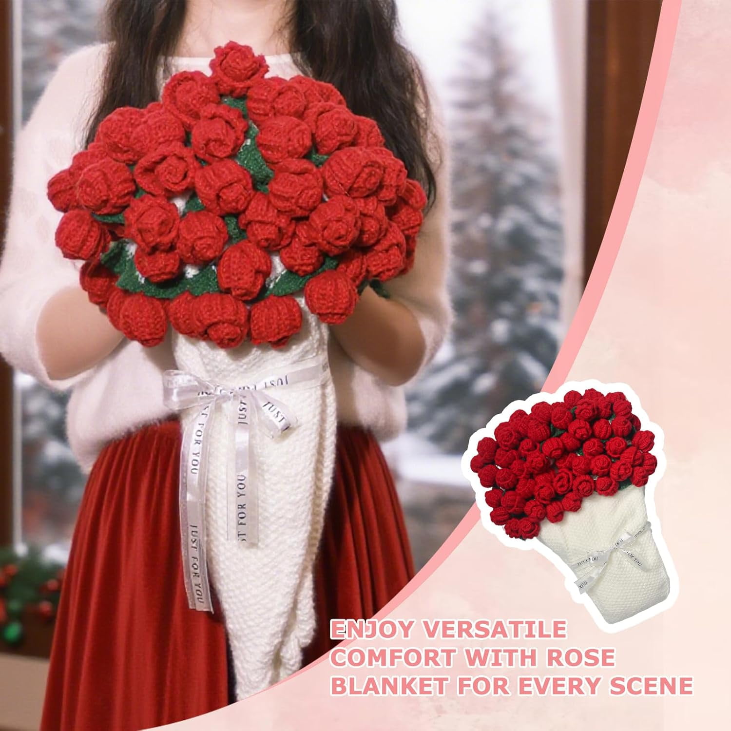 Finished Crochet Rose Bouquet Blanket,Cozy Knitted Bed Throw Blankets for Women,Mom,Sister,Girlfriend,Wife,Gifts for Birthday Wedding Christmas Home Decor