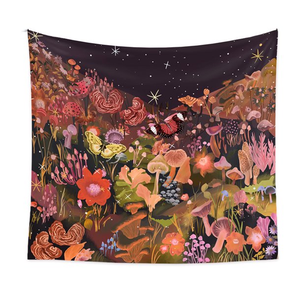 Tapiz de pared de 1 pieza, colgante de pared psicodélico, setas, mariposas, flores, cielo estrellado, decoración de pared para dormitorio, sala de estar, oficina, 130 x 150 cm TUNC Sencillez