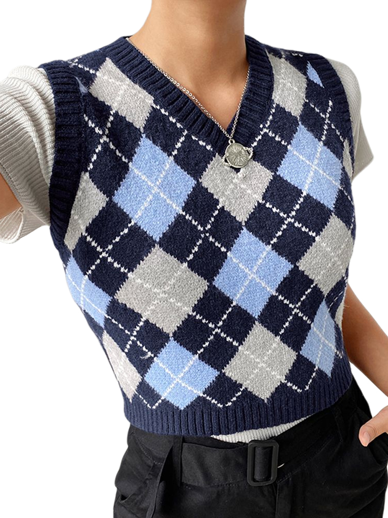 Women Sleeveless Argyle Plaid Knitted Sweater Vest Loose Streetwear Preppy Style Knitwear V Neck Crop Tank Top 
