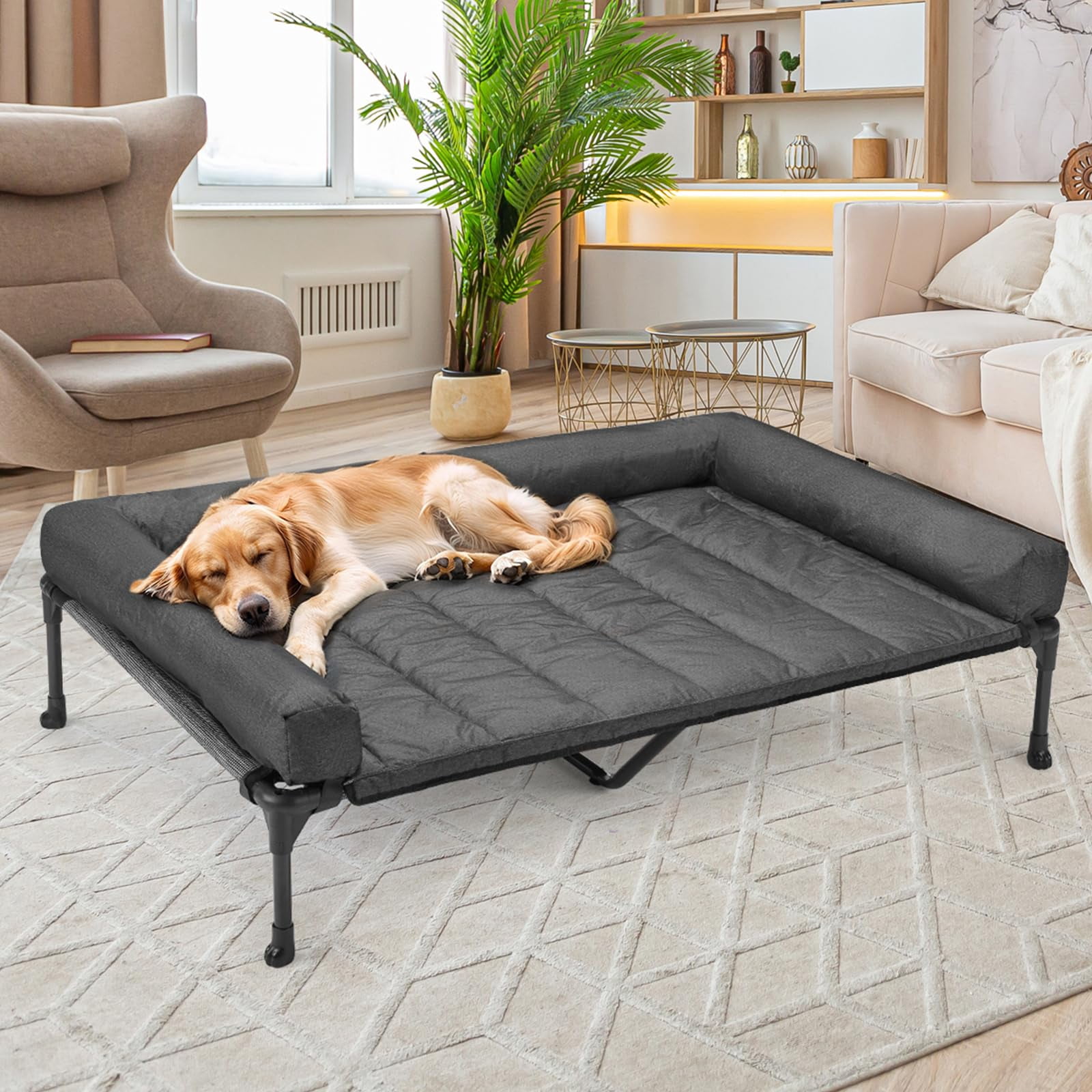 Elevated Dog Bed Add Removable Waterproof Bolster Cushion Mat  Raised Pet With Breathable Teslin Mesh No-slip Feet Sofa For Indoor Outdoor Xxlarge Black