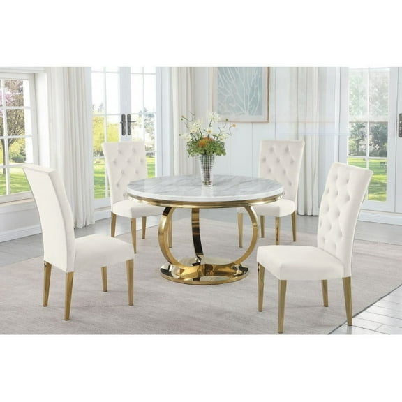 Modern Faux Marble 5-Piece Dining Set, 44" Round Dining Table with Velvet Tufted Side Chairs, Gold Frame, Cream