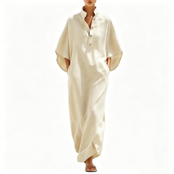 Kukoosong Women's Half Sleeve Maxi Dress, Stand Collar Button Front Kaftan Dress, Casual Loose Fit Boho Beach Sundress Flowy Lightweight with Pockets