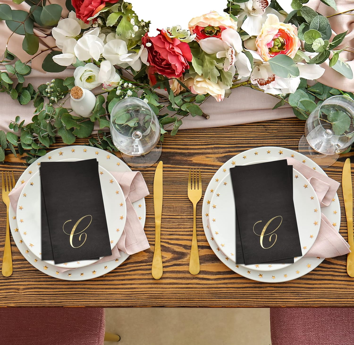 Gift Boutique 100 Gold Foil Monogram Guest Napkins Letter C on Black, Disposable Elegant Dinner Hand Towels for Bathroom & Special Events