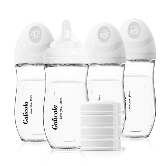 Gulicola Paquete de 4 Biberones de Vidrio 8 Oz, Set Ahorro para Bebé con Tetina de Flujo Lento, 3 Meses+