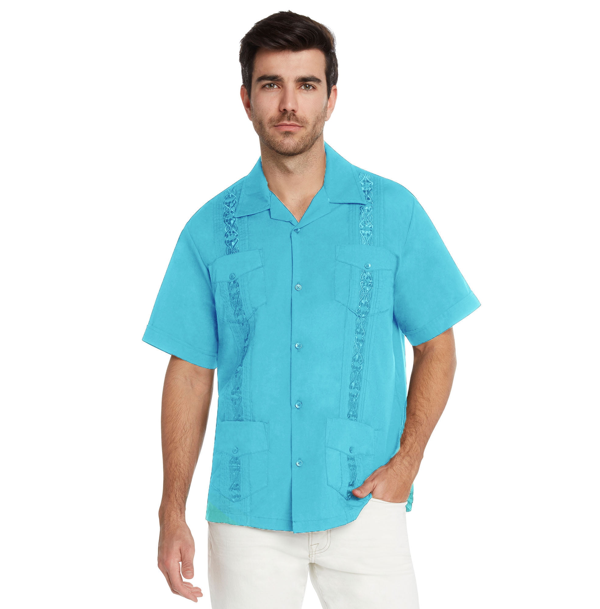 9 Crowns Essentials Men's Guayabera Button Down Shirt (Atoll Blue, X ...