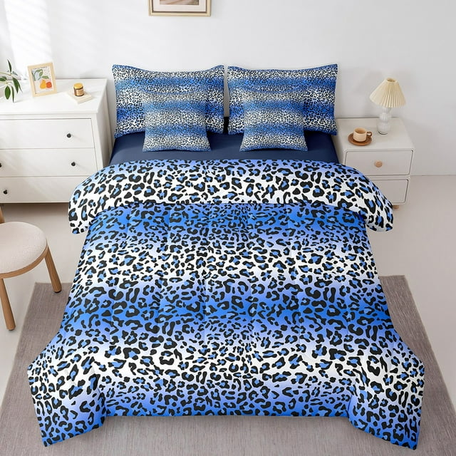 Erosebridal Literie à Imprimé Guépard Bleu Format Simple, Ensemble de Lit Léopard Tendance, Ensemble de Lit Géométrique Réversible Format Simple, Déco de Chambre Respirante, 7 Pcs
