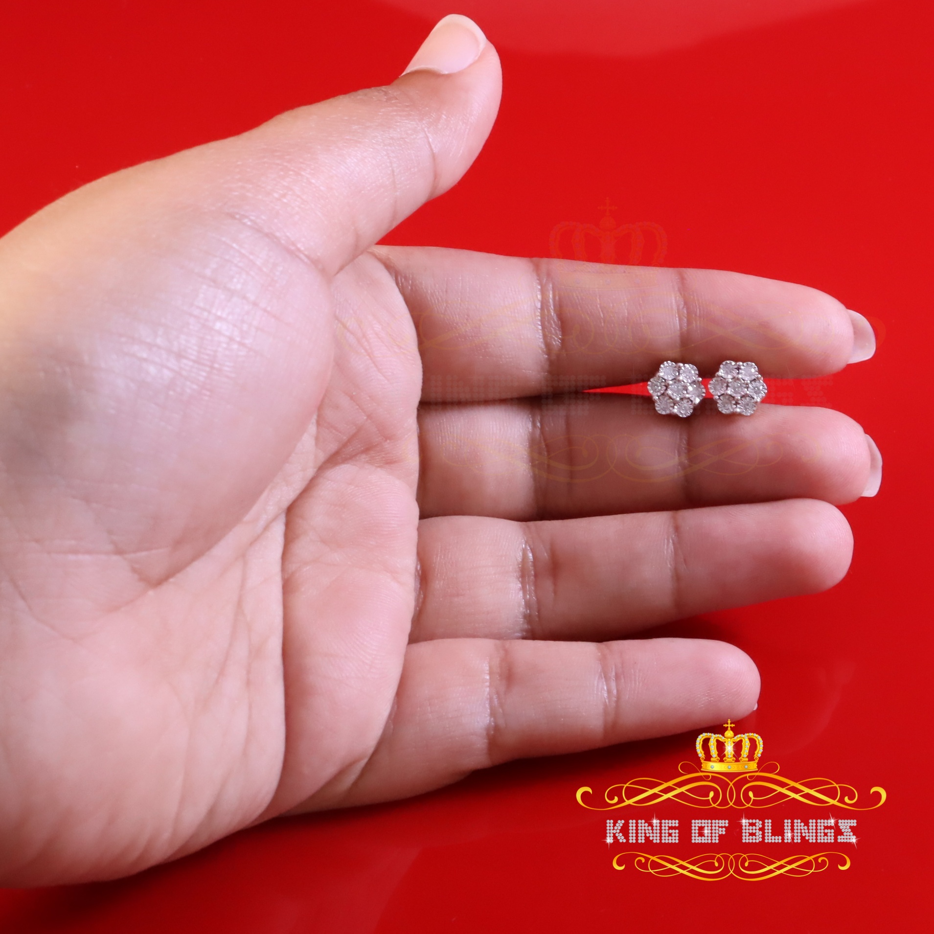 King of Bling's 10K Real Yellow Gold with Real 0.10CT Diamond Floral Men's/Women's Stud Earrings