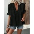 thumbnail image 5 of Women'S Summer Short Sleeve Babydoll Top Ruffle V Neck Dots Flowy Shirt Blouse Black S, 5 of 6
