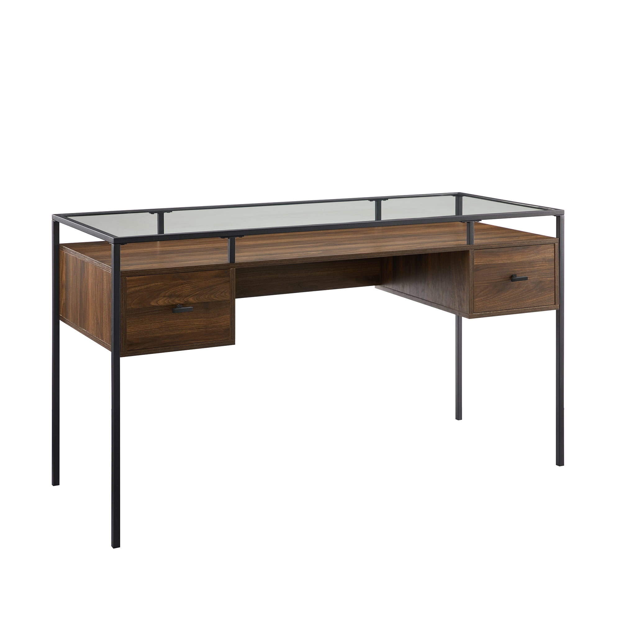Walker Edison Carlisle Dark Walnut 2-Drawer Glass Top Writing Desk