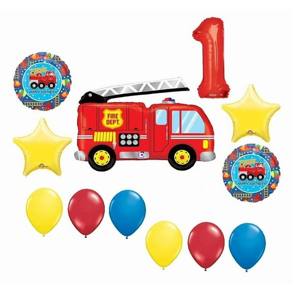 DalvayDelights Firetruck Fire Truck Engine Rescue 1st #1 Happy Birthday Celebration 12 Piece Party Ballloons Set