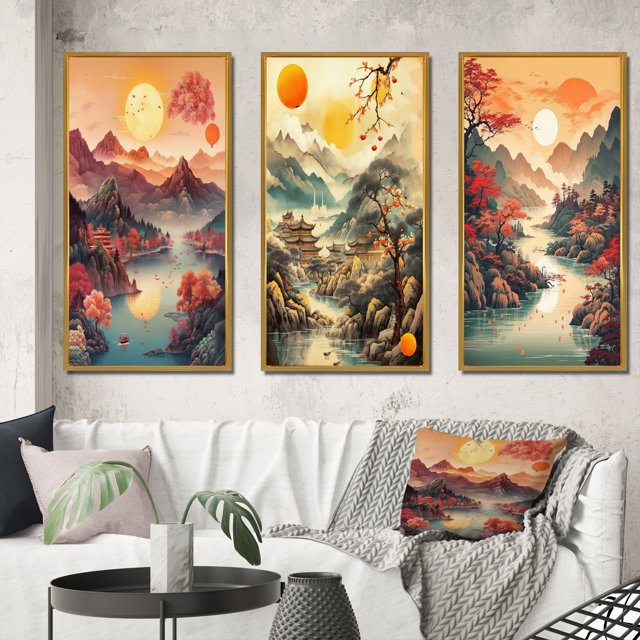 Designart "Dramatic Sunset Over Mountain Peaks III" Japon Landscape Framed Wall Art Set Of 3 - Red Landscape Japon Frame Canvas Set For Living Room Decor