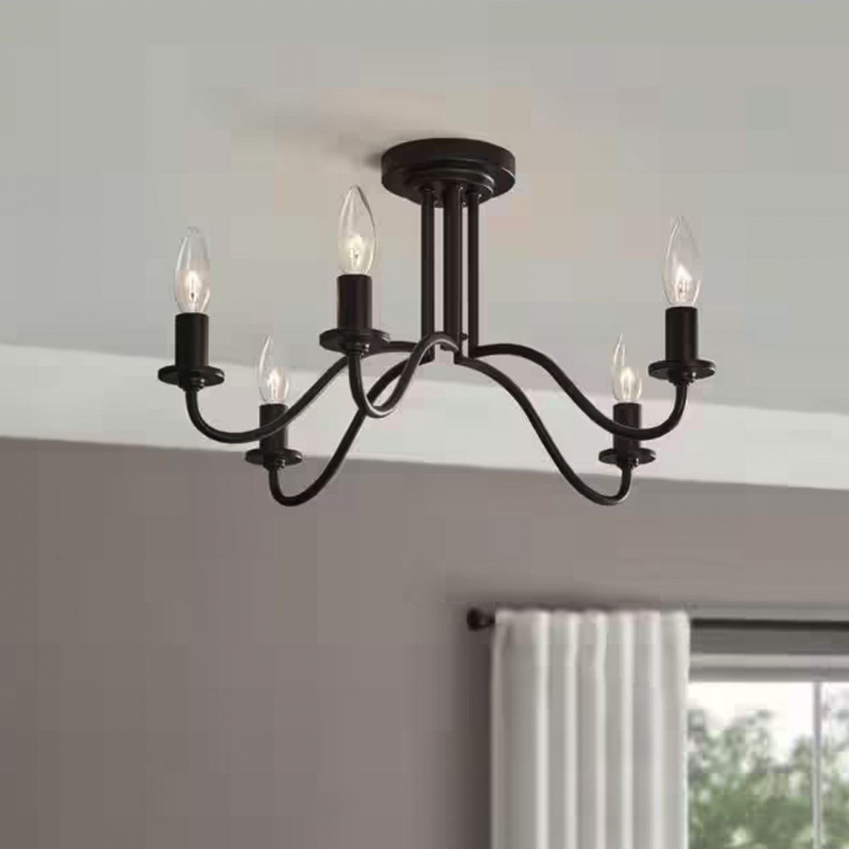Ceybo 5-Light Matte Black Semi-Flush Mount Chandelier, Classic Candle-Style Ceiling Fixture