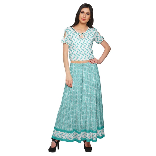 Moomaya Ensemble Palazzo Ample et Crop Top Robe Ethnique Imprimée Santon pour Femmes