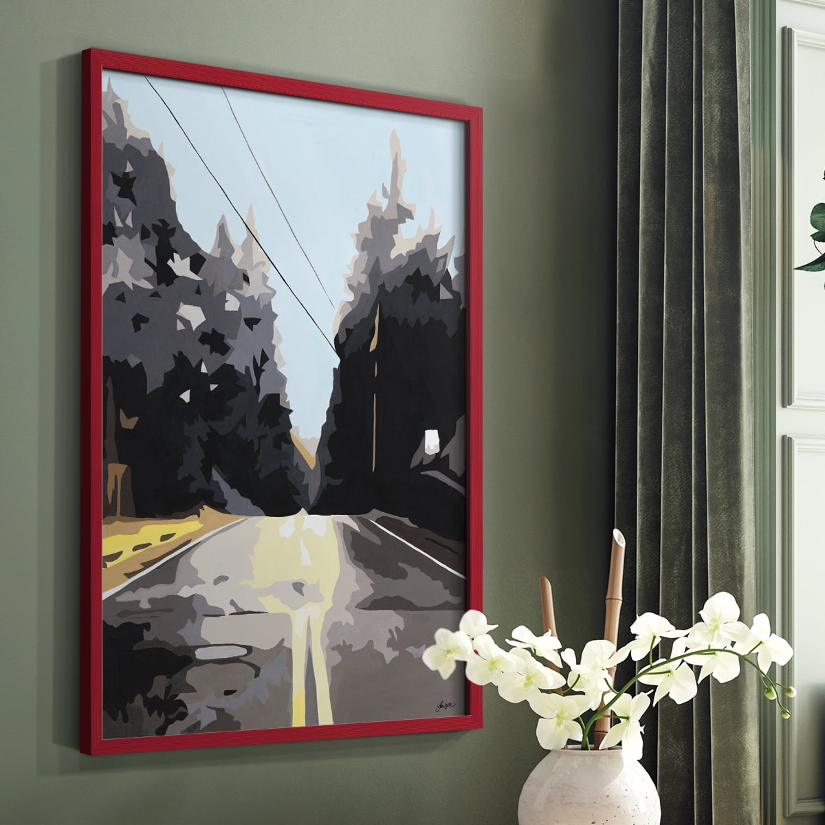 THE ROAD LESS TRAVELED Framed Print in Red Solid Wood Framed Print No Nail Hanging