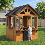 Dateyes S5-A Wooden Kids Playhouse 4x4FT Brown Gable Roof, Indoor Outdoor Play Cottage with Complete Kitchen Toys