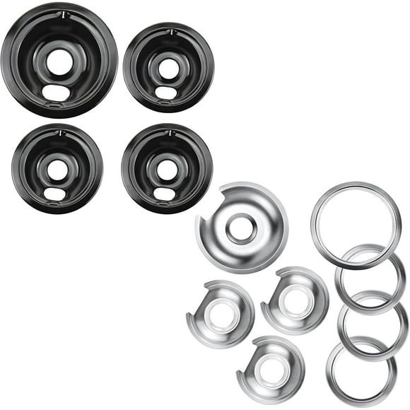WB31M19 WB31M20 Porcelain Drip Pans and Electric Stove Burner Drip Bowl 1 Large 8 Inch WB32X10013 & 3 Small 6 Inch WB32X10012 Chrome Range Drip Pans with 4 Pcs Trim Rings