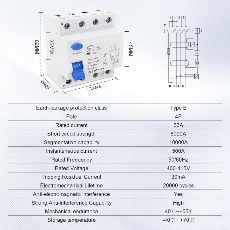 JZROCKER 4P 63A 30mA Styles A Din Rails Earth Leakage Current Breaker Residual Current Circuits Breaker Residual Current Device