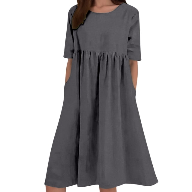 HXWCHs Robe en Denim pour Femme, Mélange de Lin, Robe Décontractée à Manches Courtes avec Poches Latérales GY2 XXXXXL
