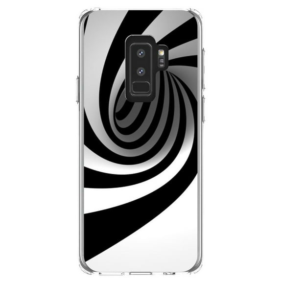 DistinctInk Clear Shockproof Hybrid Case for Samsung Galaxy S9  PLUS (6.2" Screen) - TPU Bumper, Acrylic Back, Tempered Glass Screen Protector - Black White Swirl Vortex Geometric