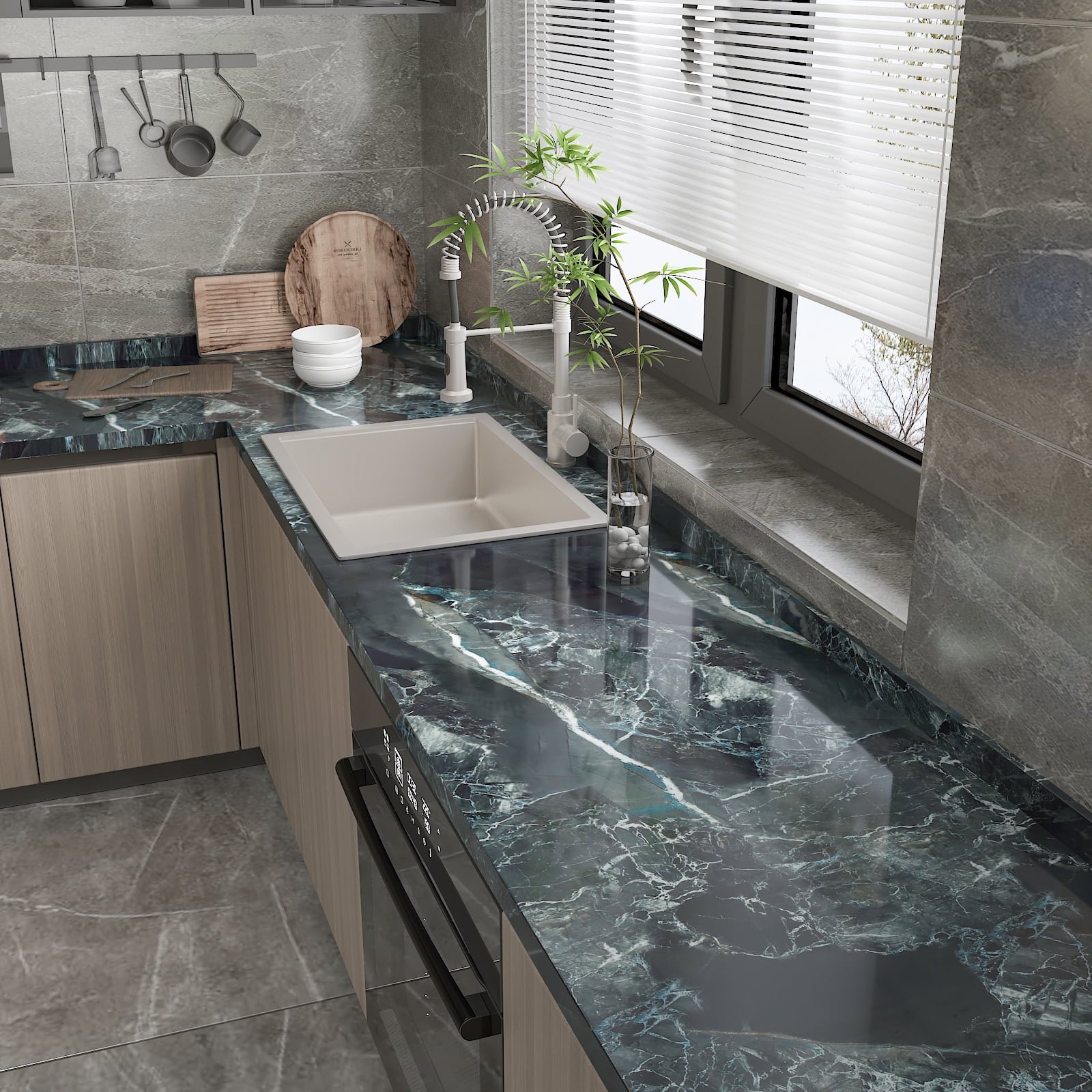 CHIHUT Marble Contact Paper for Countertops Waterproof Glossy Emerald Black Peel and Stick Wallpaper for Bathroom Self Adhesive Thick Roll for Kitchen Bedroom Cabinets Table Desk Cover 12"x100"