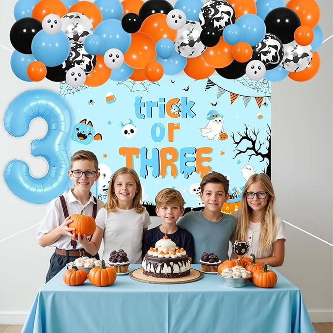 Halloween 3rd Birthday Decorations Boy - Orange Blue Halloween Balloons Garland Arch Kit with Trick or Three Backdrop, Number 5 Balloon