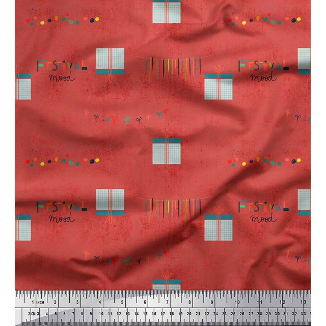 Soimoi polyester Crepe Fabric Gift Box & Hanging Ribbons Party Print Fabric by the Yard 42 Inch Wide