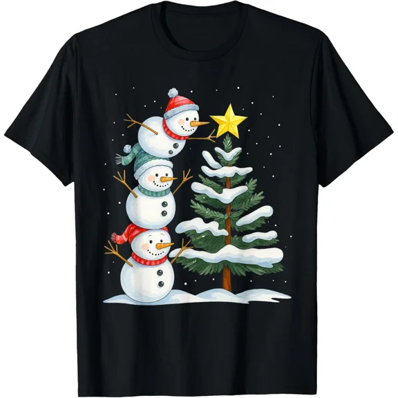 Holiday Snowman Topper Tree Cute Family Festive Winter Scene Unisex T-Shirt up to size 5XL