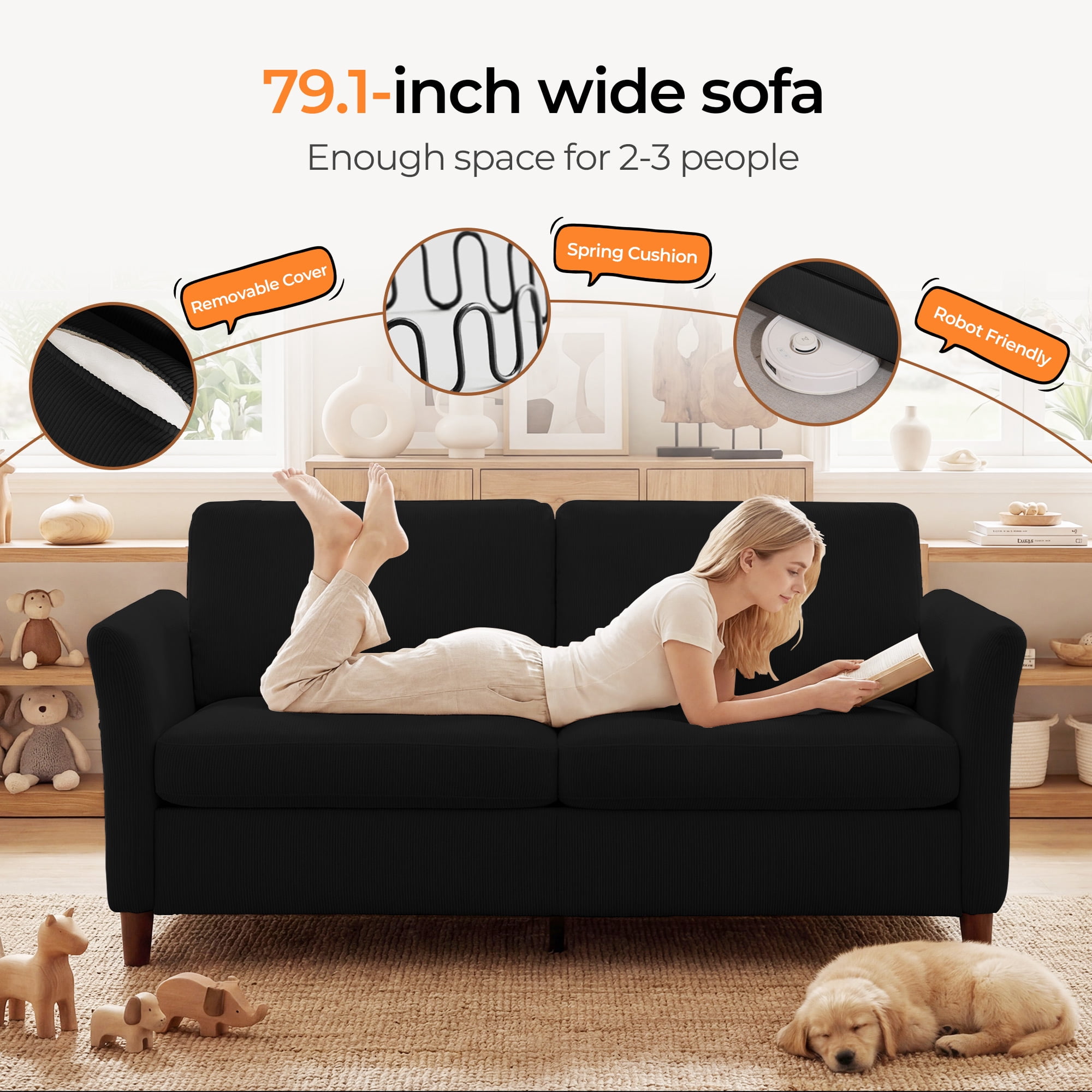 Poshby 79.1'' Comfy Couches Corduroy Sofas Loveseat 3-Seater with Side Pocket for Living Room, Black
