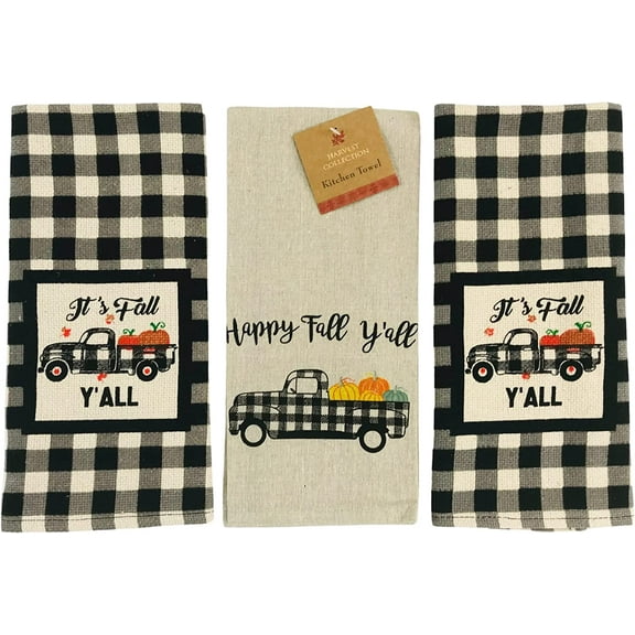 Serafina Home Farmhouse Black Beige Check Kitchen Towels: Country Pumpkin Truck Welcoming Fall, 2 Woven Faux Burlap Towels with 1 Matching Flat Weave, 100% Cotton