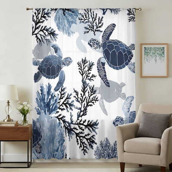 Navy Blue Black Coastal Turtle Sheer Curtains 63 Inches Long, Nautical Sea Coral Shell Light Filering Curtains, Breathable Simi Curtain Privacy Drapes for Living Room Bedroom Window Treatment