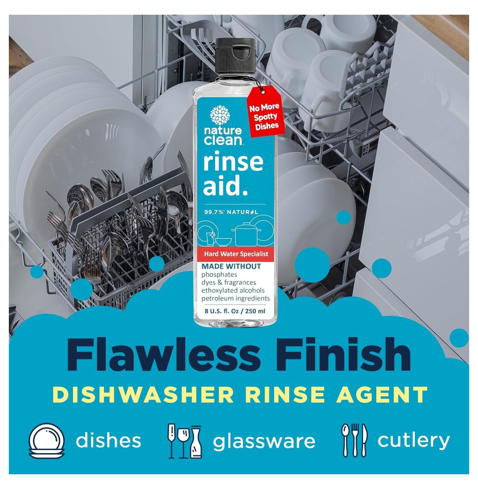 All Natural Dishwasher Rinse Aid Cleaner, Liquid Dishwasher Rinse Agent for Spot-Free Glass & Cutlery in Hard Water, Non Toxic Dish Washer Rinse Aid & Stain Remover, 8 oz/250ml, Pack of 12