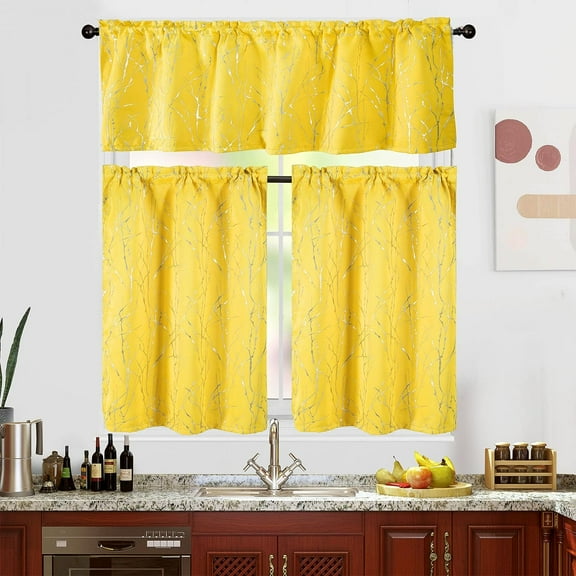 Yellow Kitchen Curtains 36 Inch Length Sets with Valance, 3 Piece Rod pocket Thermal Insulated Room Darkening Blackout Curtains For Kitchen, Bedroom And Bath Room(52X18 26X36 Inch, Yellow,3 Pieces)
