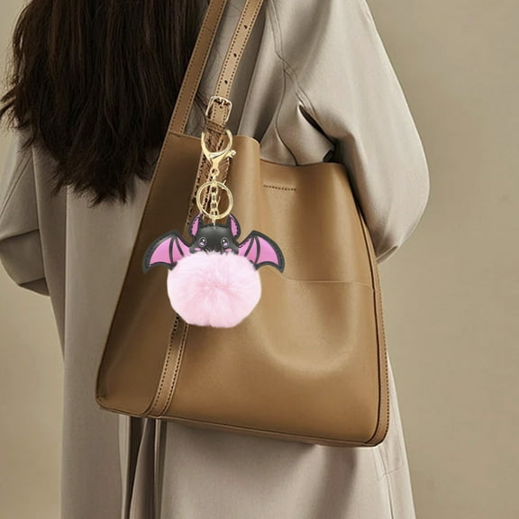 Pink Halloween Bat Keychain - 3.15" Fuzzy Pom Key Ring for Purse & Backpack - Cute Plush Car Accessories for Women Girls Halloween Gift & Party Favors
