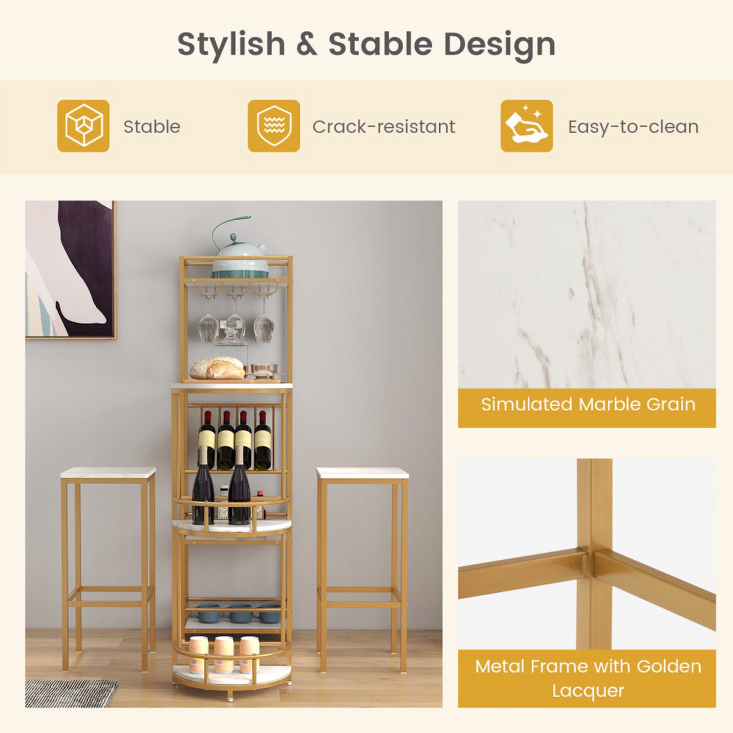 Finihen Dining Set, Dining Table Set, 3 Pieces Bar Table Set with Storage Shelves and Wine Rack, for Home, Restaurant, Golden Finihen Dining Set, Dining Table Set, 3 Pieces Bar Table Set with Storage Shelves and Wine Rack, for Home, Restaurant, Golden