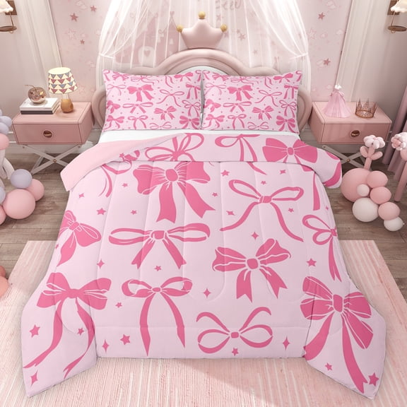 Feelyou Pink Retro Bow-tie Twin Comforter Sets, Cute Princess Stars Bedding Set, 2 Pieces