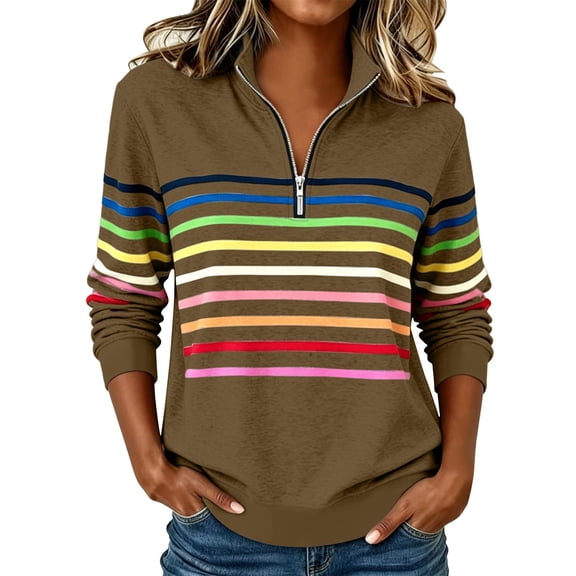 Enjoytime Striped Sweatshirt for Women Mock Neck Long Sleeve Half Zip Sweatshirts Fall Lightweight Oversized Pullover Tops