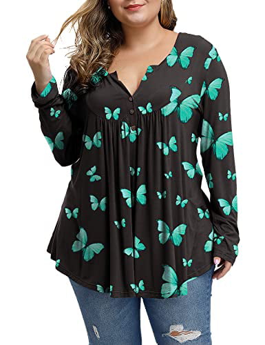 ALLEGRACE Plus Size Tops Women Long Sleeve Shirts Floral Pleated Work Casual Tops 