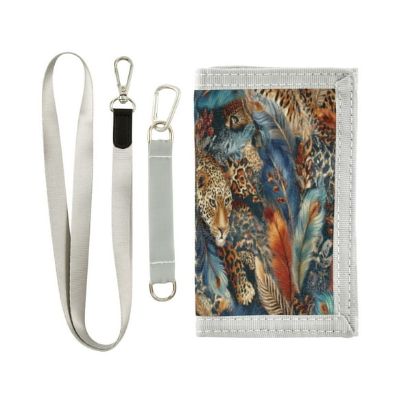 Cloth Wallet with Lanyard & Multiple Compartments Fashion Purse Zipper Clutch Bag for Cash Cards Coins Feathers and Leopard Print