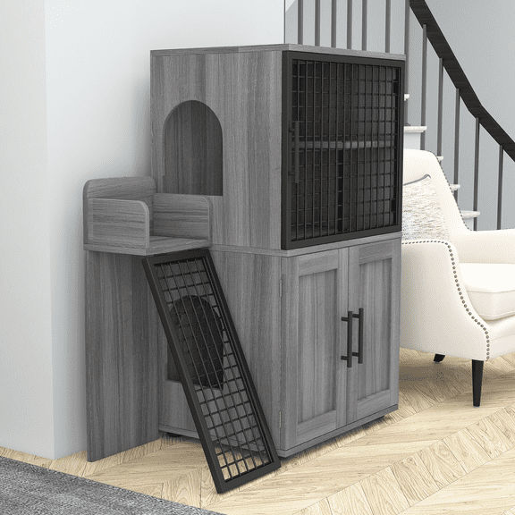 Cat Litter Box Enclosure with Platform, Double Layer Hidden Cat House Furniture, Modern Indoor Cat Villa with Ladder, Kitty Washroom Cabinet for Indoor Cats