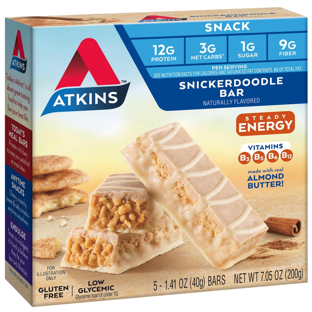 Atkins Snickerdoodle Snack Bar, Made with B Vitamins, Steady Energy, Gluten Free, 12g Protein, 5 Count