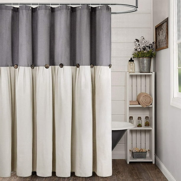 Reisen Linen Farmhouse Shower Curtain Button Gray and Off White