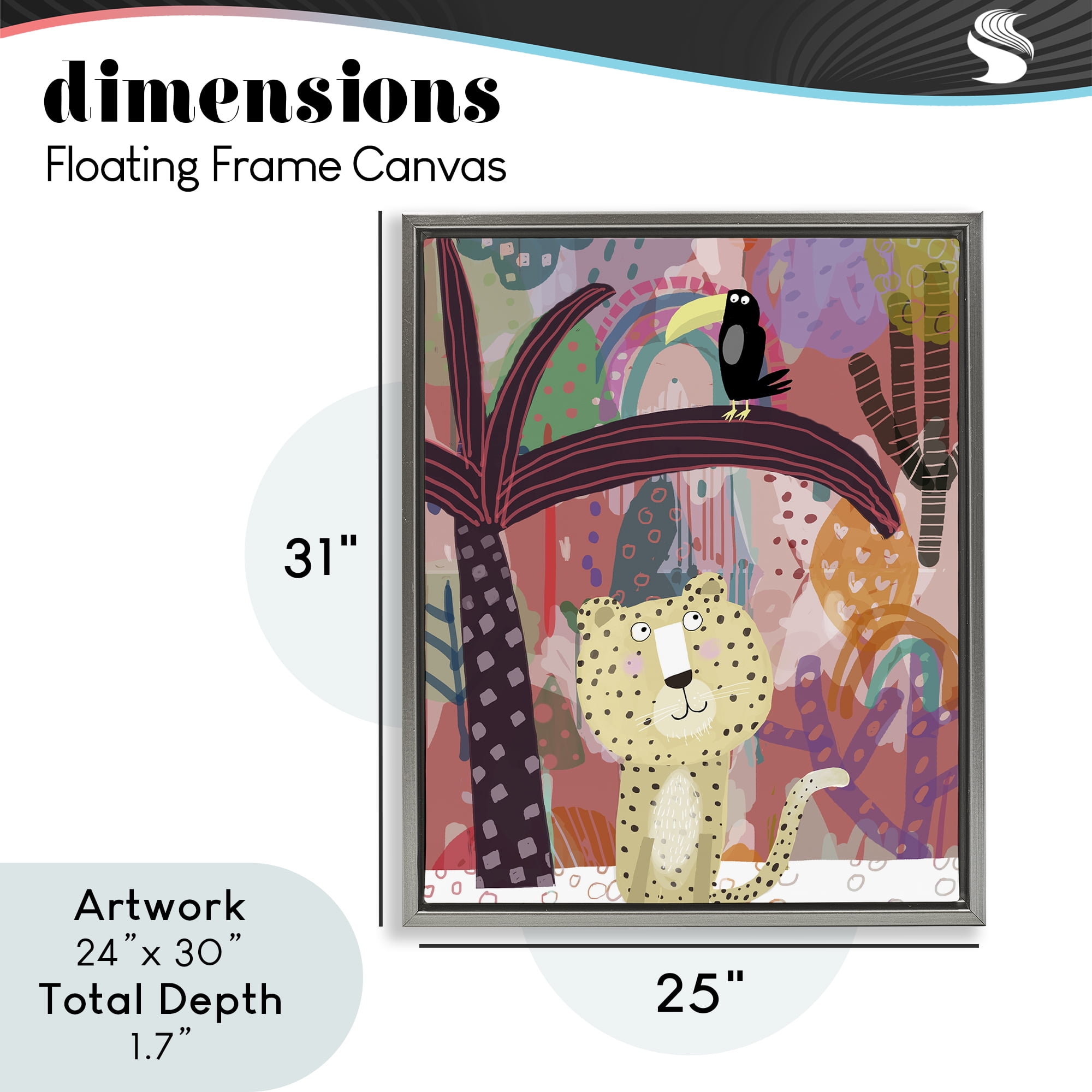 Whimsical Cheetah & Toucan Gray Framed Floater Canvas Wall Art, design by Carla Daly