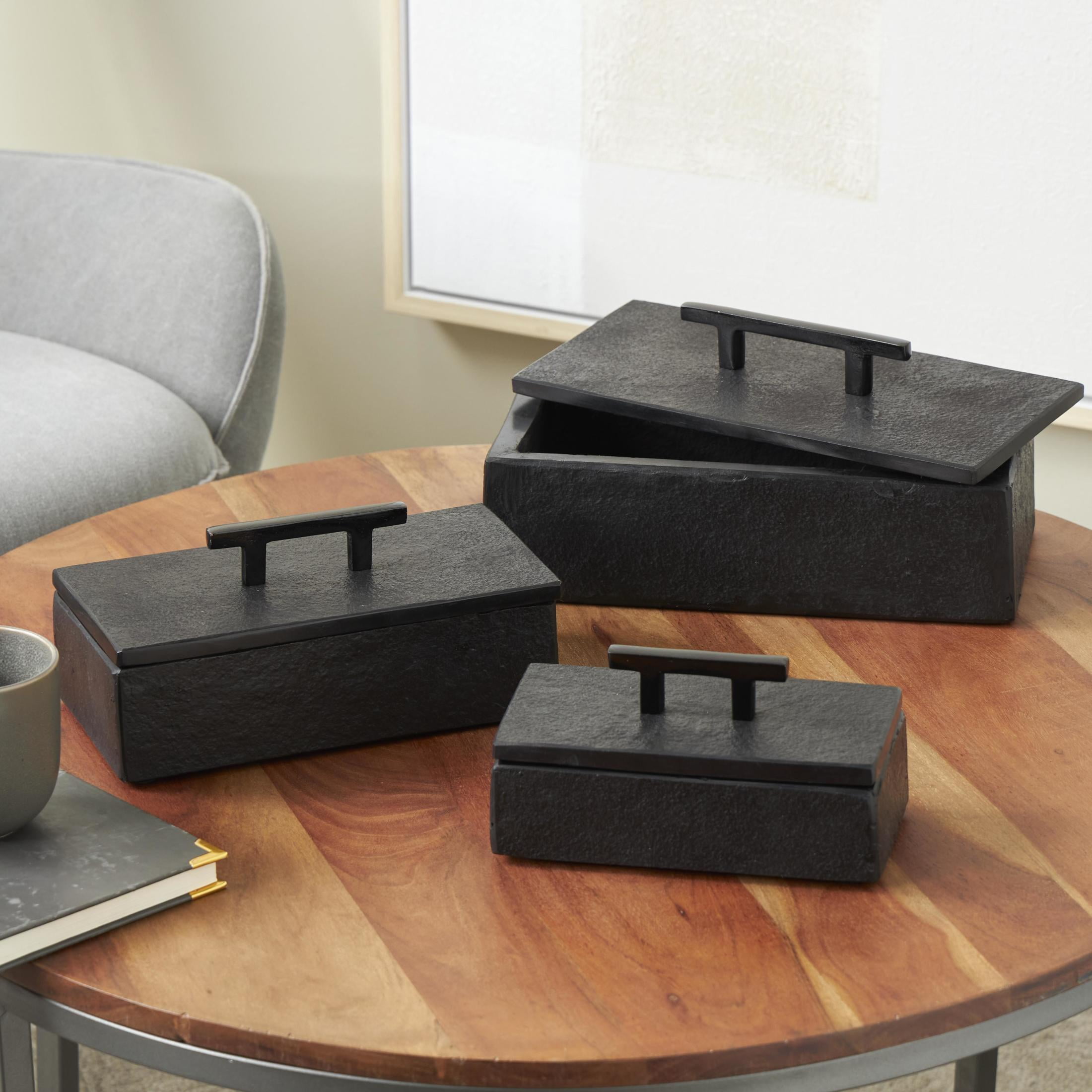 DecMode Black Marble Decorative Box with Black Handles, 3 Count